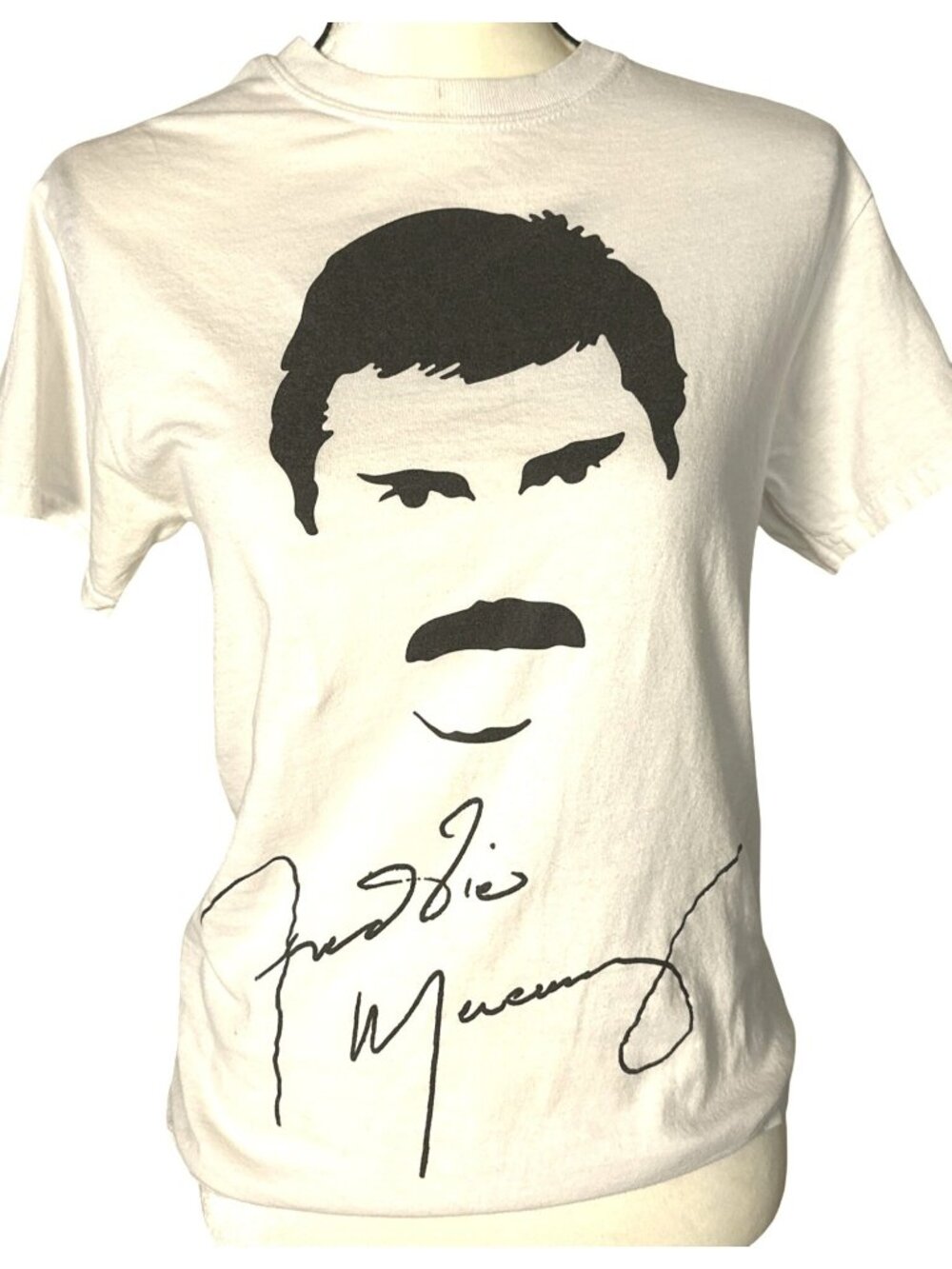Freddie Mercury Queen Stashe T-shirt Small White Black Autograph Print Cotton